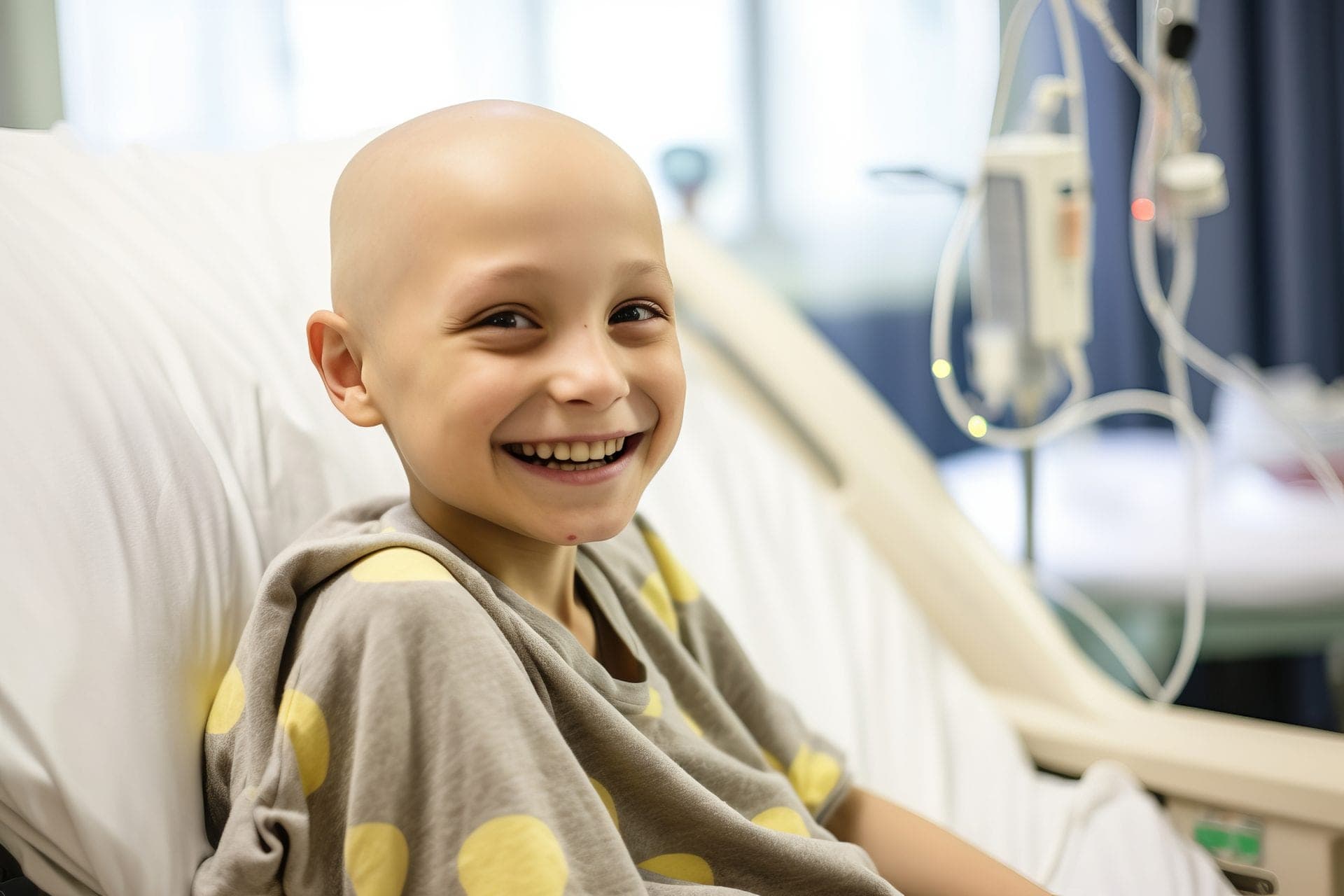 A smiling young patient in a hospital bed